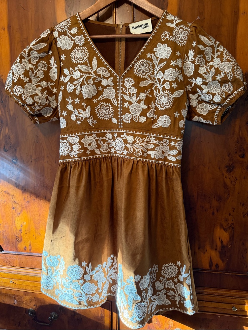 Savanna Jane Brown Mini Dress with White Floral Embroidery Size M
